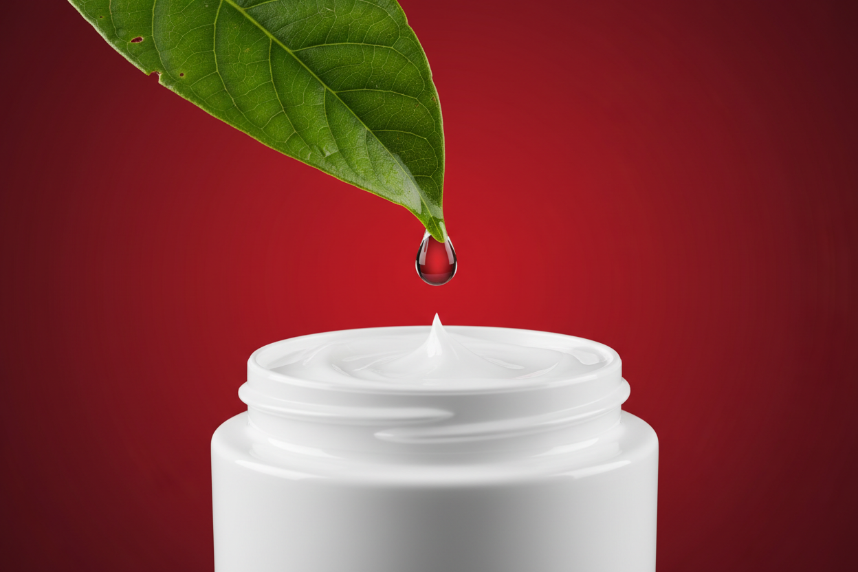 ultra realistic photography: show a leaf pouring a transparent drop into an unbranded white jar of cream. the background of the photography has to be red.