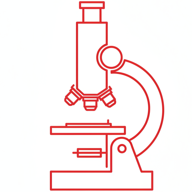 white background, red outline icon of a microscope