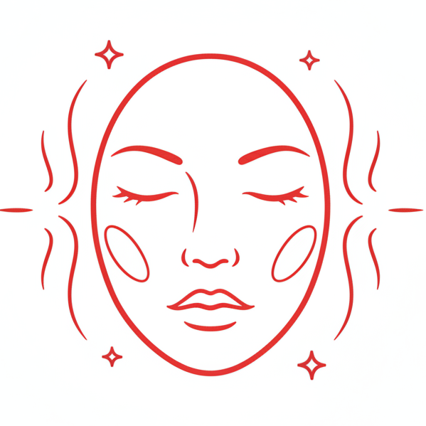 white background, red outline icon of bright shiny glowing skin. no other colour.